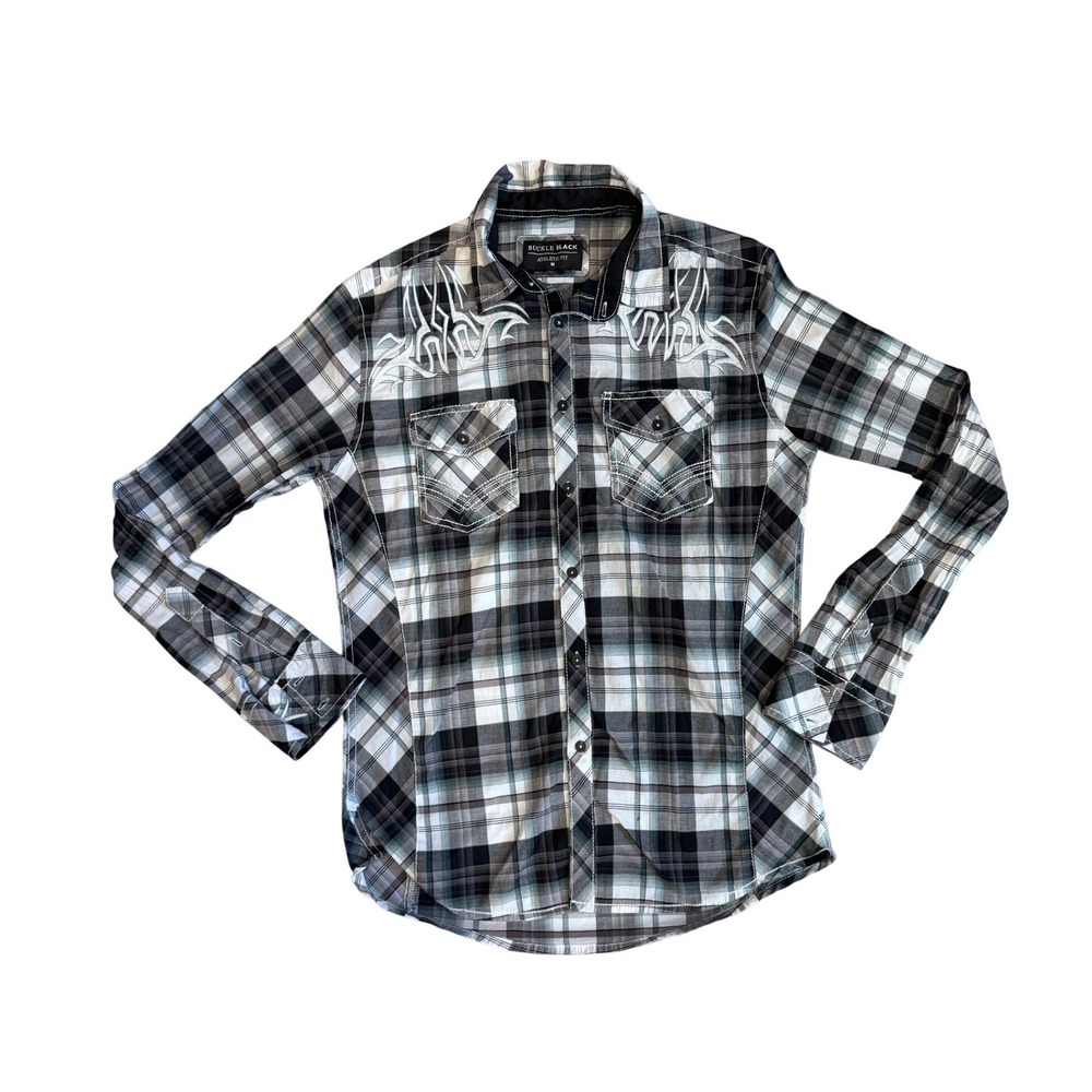 Buckle Black Button Down Shirt Mens M Black Plaid Tribal Embroidery BB442FPW Exc